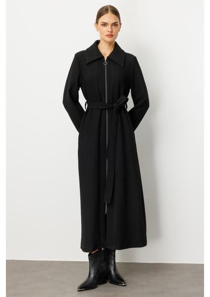 En Boy Farklı Garnilenmiş Otto Kumaşlı Içi Komple Astar Zamansız Özel Trench / Kap-Siyah