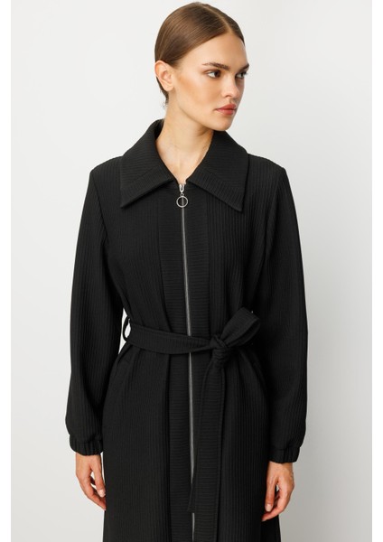 En Boy Farklı Garnilenmiş Otto Kumaşlı Içi Komple Astar Zamansız Özel Trench / Kap-Siyah indirimleri