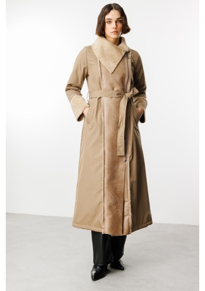 Suni Deri ve Soft Kürk Detaylı Dolgulu Spor Kaban Manto-Vizon fırsatları