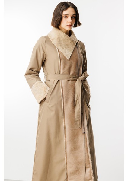 Suni Deri ve Soft Kürk Detaylı Dolgulu Spor Kaban Manto-Vizon indirimleri