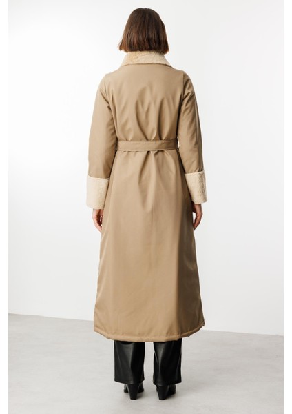 Suni Deri ve Soft Kürk Detaylı Dolgulu Spor Kaban Manto-Vizon