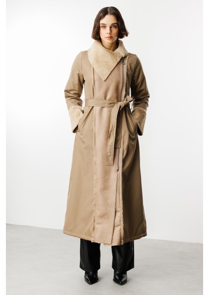 Suni Deri ve Soft Kürk Detaylı Dolgulu Spor Kaban Manto-Vizon