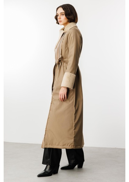 Suni Deri ve Soft Kürk Detaylı Dolgulu Spor Kaban Manto-Vizon