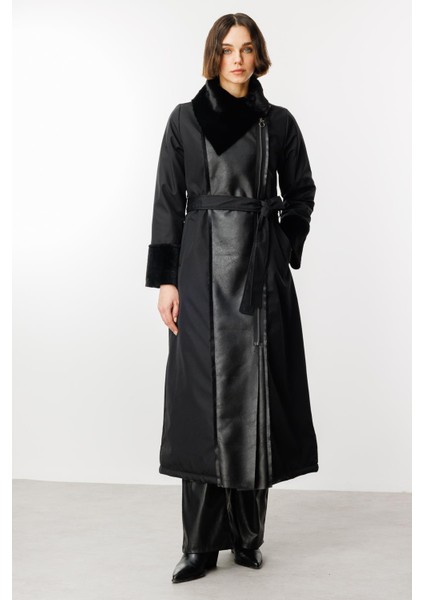 Suni Deri ve Soft Kürk Detaylı Dolgulu Spor Kaban Manto-Siyah