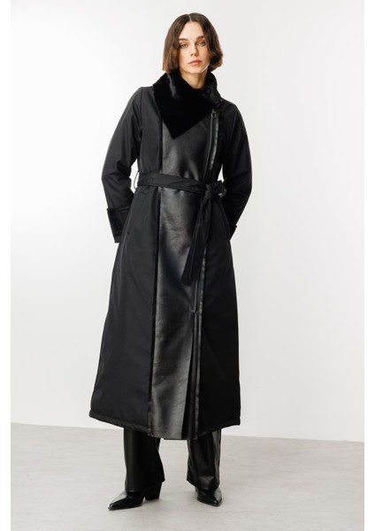 Suni Deri ve Soft Kürk Detaylı Dolgulu Spor Kaban Manto-Siyah fiyatları