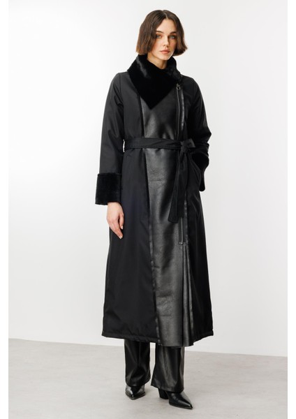 Suni Deri ve Soft Kürk Detaylı Dolgulu Spor Kaban Manto-Siyah modelleri