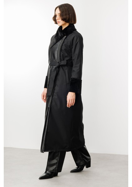 Suni Deri ve Soft Kürk Detaylı Dolgulu Spor Kaban Manto-Siyah fırsatları