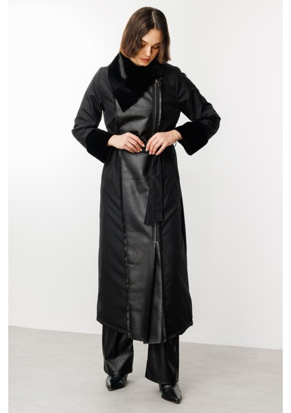 Suni Deri ve Soft Kürk Detaylı Dolgulu Spor Kaban Manto-Siyah indirimleri