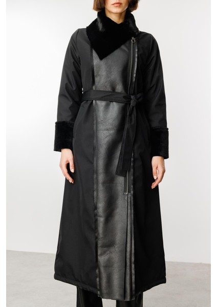 Suni Deri ve Soft Kürk Detaylı Dolgulu Spor Kaban Manto-Siyah