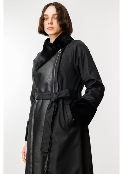 Suni Deri ve Soft Kürk Detaylı Dolgulu Spor Kaban Manto-Siyah