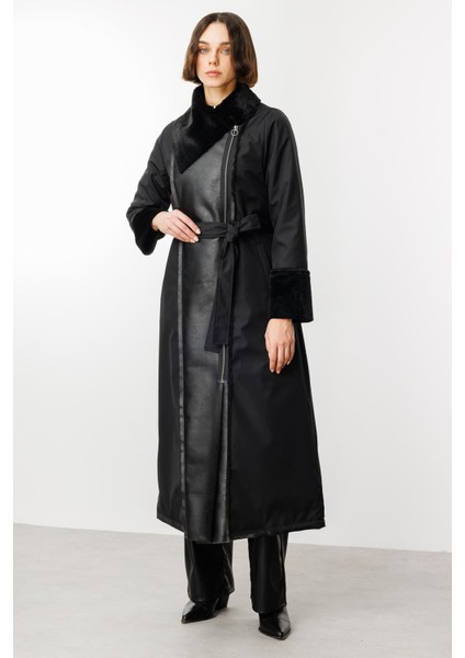 Suni Deri ve Soft Kürk Detaylı Dolgulu Spor Kaban Manto-Siyah