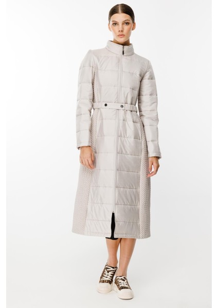 Leaf Işleme Yan Esnek Kapitone Dokuma Içi Dolgulu Kaban Manto-Gümüş