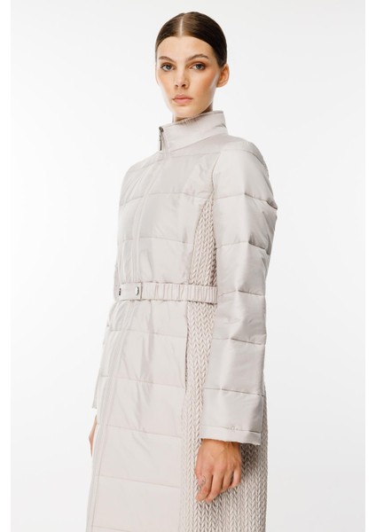 Leaf Işleme Yan Esnek Kapitone Dokuma Içi Dolgulu Kaban Manto-Gümüş