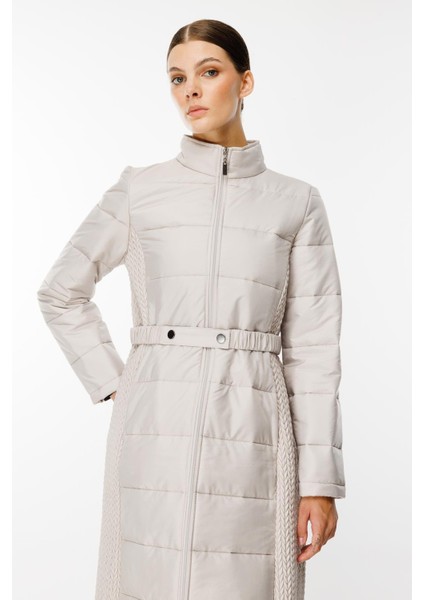 Leaf Işleme Yan Esnek Kapitone Dokuma Içi Dolgulu Kaban Manto-Gümüş