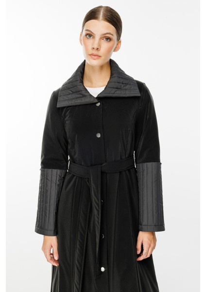 Ray Kapitone Detaylı Özel Mat Kumaş Içi Dolgulu Spor Manto Kaban-Siyah