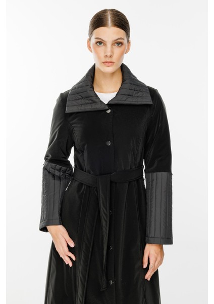 Ray Kapitone Detaylı Özel Mat Kumaş Içi Dolgulu Spor Manto Kaban-Siyah