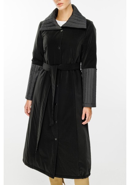 Ray Kapitone Detaylı Özel Mat Kumaş Içi Dolgulu Spor Manto Kaban-Siyah