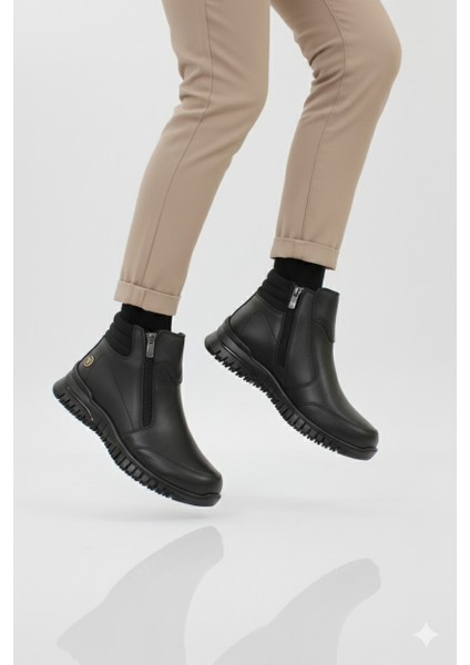 Kadın Hakiki Deri Günlük Düz Taban Çift Fermuarlı Ortopedik Bot AE25/KB1456