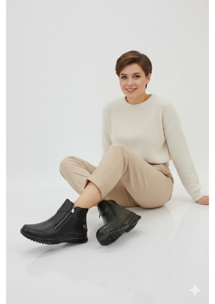 Kadın Hakiki Deri Günlük Düz Taban Çift Fermuarlı Ortopedik Bot AE25/KB1456 fiyatları