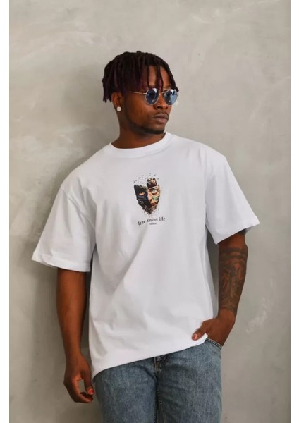 Unisex Oversize Baskılı Bisiklet Yaka Tshirt