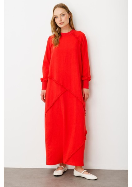 Yumuşak Dokusu ve Zarif Detaylarıyla Ipekçe Doku Ribanalı Özel Elbise-Mercan