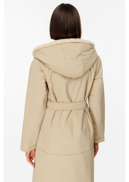 Özel Beden Kumaşı Yumuşak Kürkü ve Iç Dolgu Kaplamalı Kaban Manto-Taş