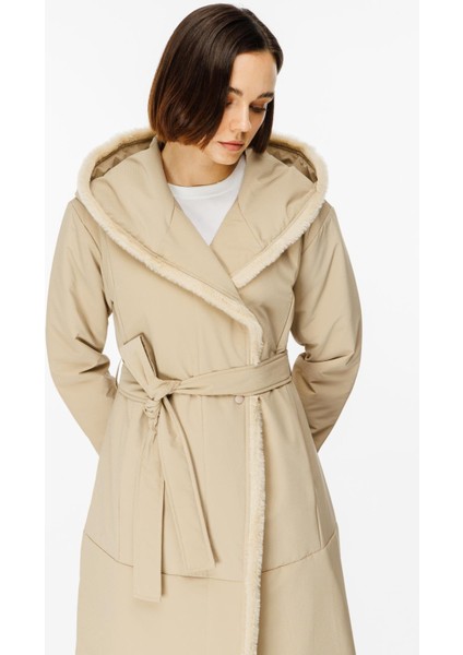 Özel Beden Kumaşı Yumuşak Kürkü ve Iç Dolgu Kaplamalı Kaban Manto-Taş