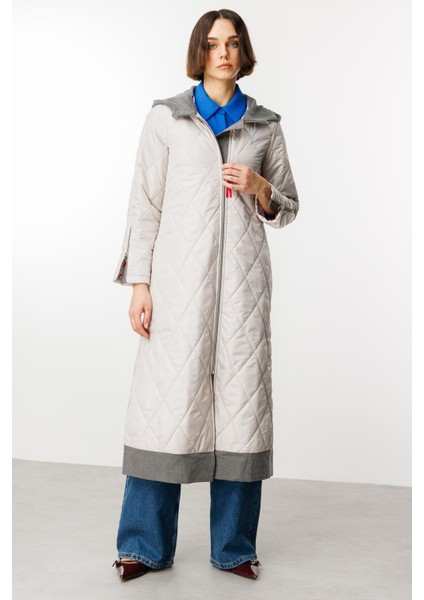 Denim Rouge Kapitone Dolgulu Garni Femuarlı Baharlık Trench Kaban-Gri