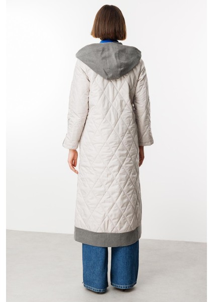 Denim Rouge Kapitone Dolgulu Garni Femuarlı Baharlık Trench Kaban-Gri