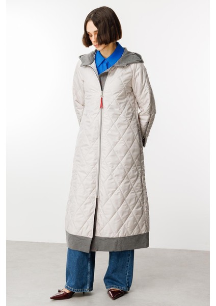 Denim Rouge Kapitone Dolgulu Garni Femuarlı Baharlık Trench Kaban-Gri