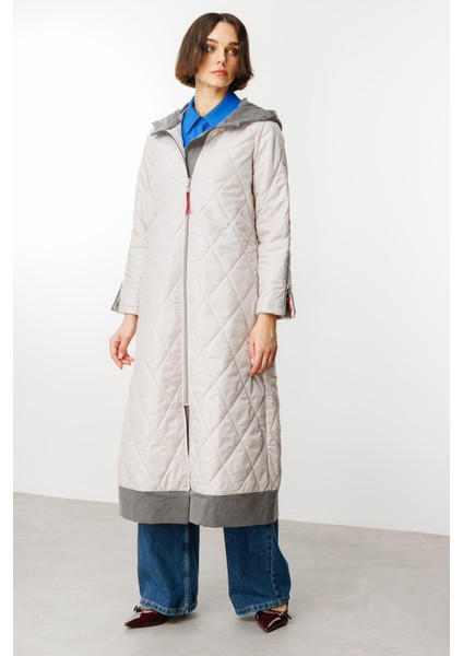 Denim Rouge Kapitone Dolgulu Garni Femuarlı Baharlık Trench Kaban-Gri