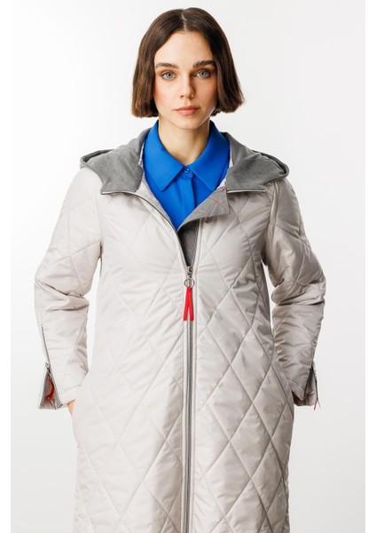 Denim Rouge Kapitone Dolgulu Garni Femuarlı Baharlık Trench Kaban-Gri