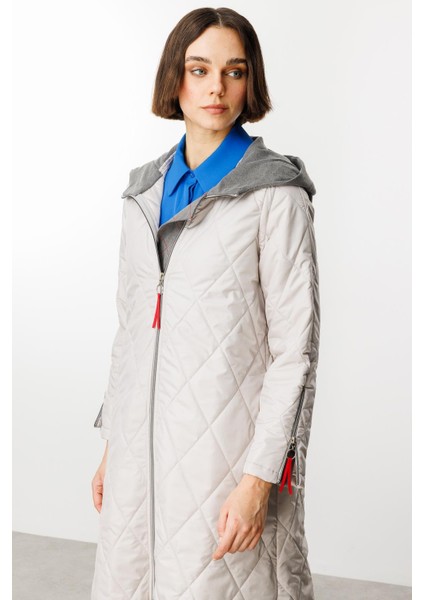 Denim Rouge Kapitone Dolgulu Garni Femuarlı Baharlık Trench Kaban-Gri