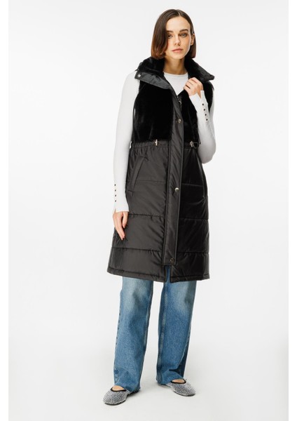 Puf Kapitone Dolgulu Soft Peluş Garni Yelek-Siyah fiyatları