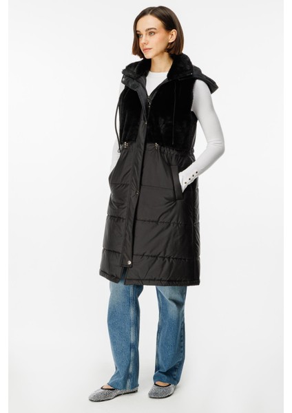 Puf Kapitone Dolgulu Soft Peluş Garni Yelek-Siyah modelleri