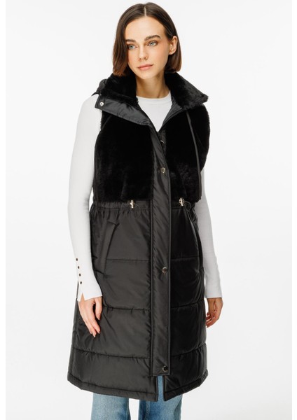 Puf Kapitone Dolgulu Soft Peluş Garni Yelek-Siyah fırsatları