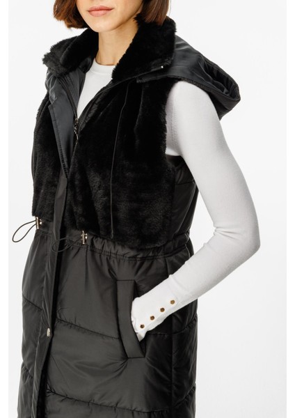 Puf Kapitone Dolgulu Soft Peluş Garni Yelek-Siyah indirimleri