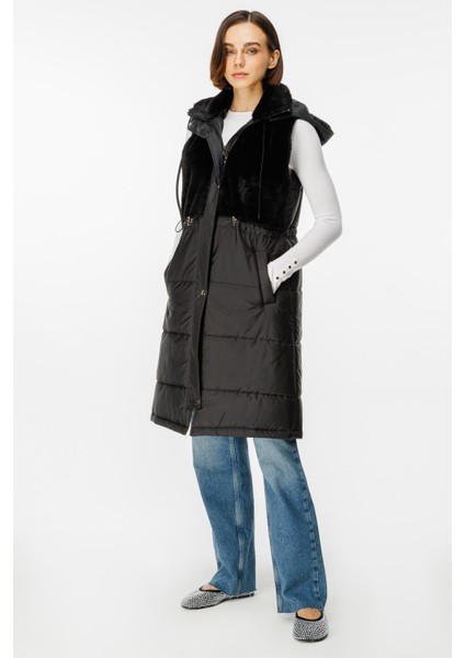 Puf Kapitone Dolgulu Soft Peluş Garni Yelek-Siyah