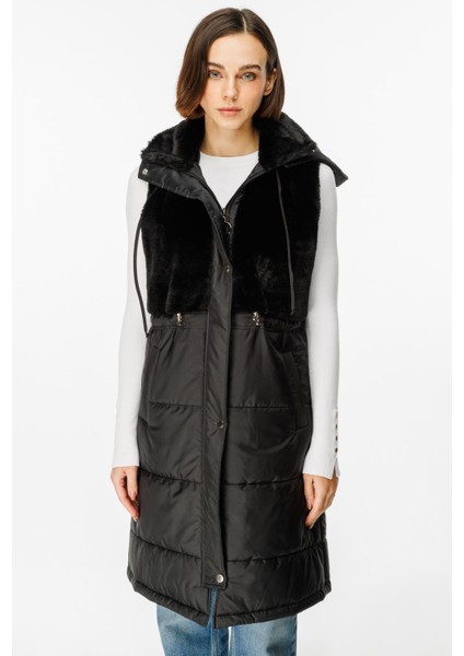 Puf Kapitone Dolgulu Soft Peluş Garni Yelek-Siyah