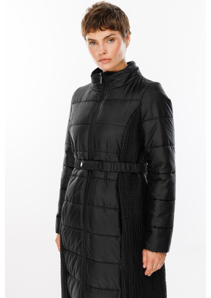 Leaf Işleme Yan Esnek Kapitone Dokuma Içi Dolgulu Kaban Manto-Siyah fiyatları