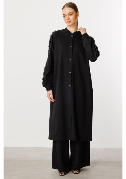 Rozza Kol Işlemeli Pamuk Karışımlı Ince Kap Ferace-Siyah