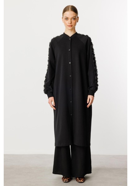 Rozza Kol Işlemeli Pamuk Karışımlı Ince Kap Ferace-Siyah fiyatları