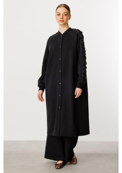 Rozza Kol Işlemeli Pamuk Karışımlı Ince Kap Ferace-Siyah fırsatları