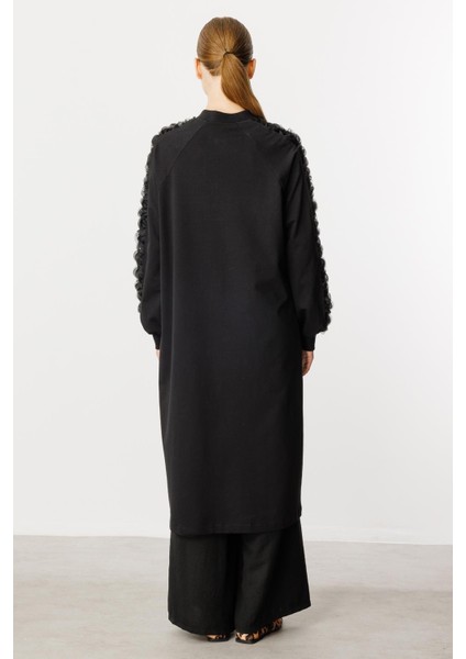 Rozza Kol Işlemeli Pamuk Karışımlı Ince Kap Ferace-Siyah