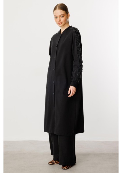 Rozza Kol Işlemeli Pamuk Karışımlı Ince Kap Ferace-Siyah