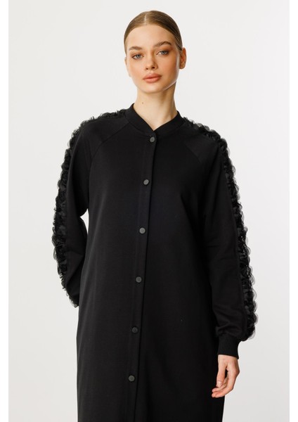 Rozza Kol Işlemeli Pamuk Karışımlı Ince Kap Ferace-Siyah