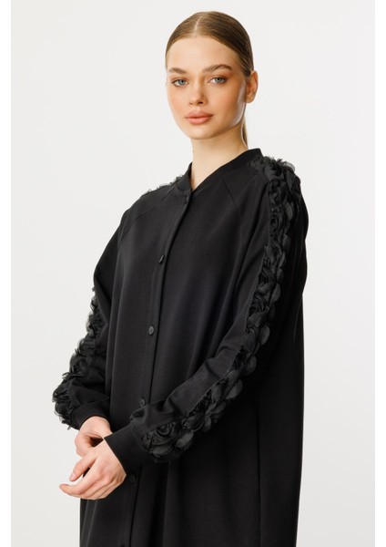 Rozza Kol Işlemeli Pamuk Karışımlı Ince Kap Ferace-Siyah