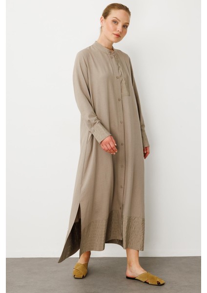 Bant / Dikiş Etek ve Kol Detaylı Ipekçe Doku Elbise Kap-Vizon