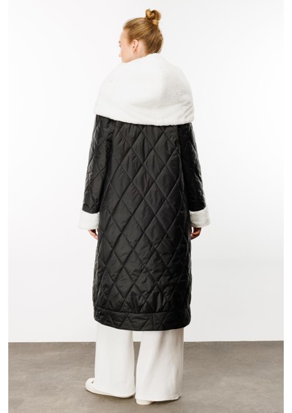 Chnl Yaka ve Kol Yumuşak Kürk Detaylı Kapitone Dolgu Kaban Manto-Siyah