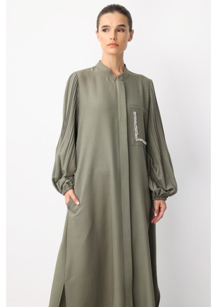 Pilise Kol ve Inci Cep Detaylı Ipekçe Kumaş Zamansız Ferace-Haki fırsatları